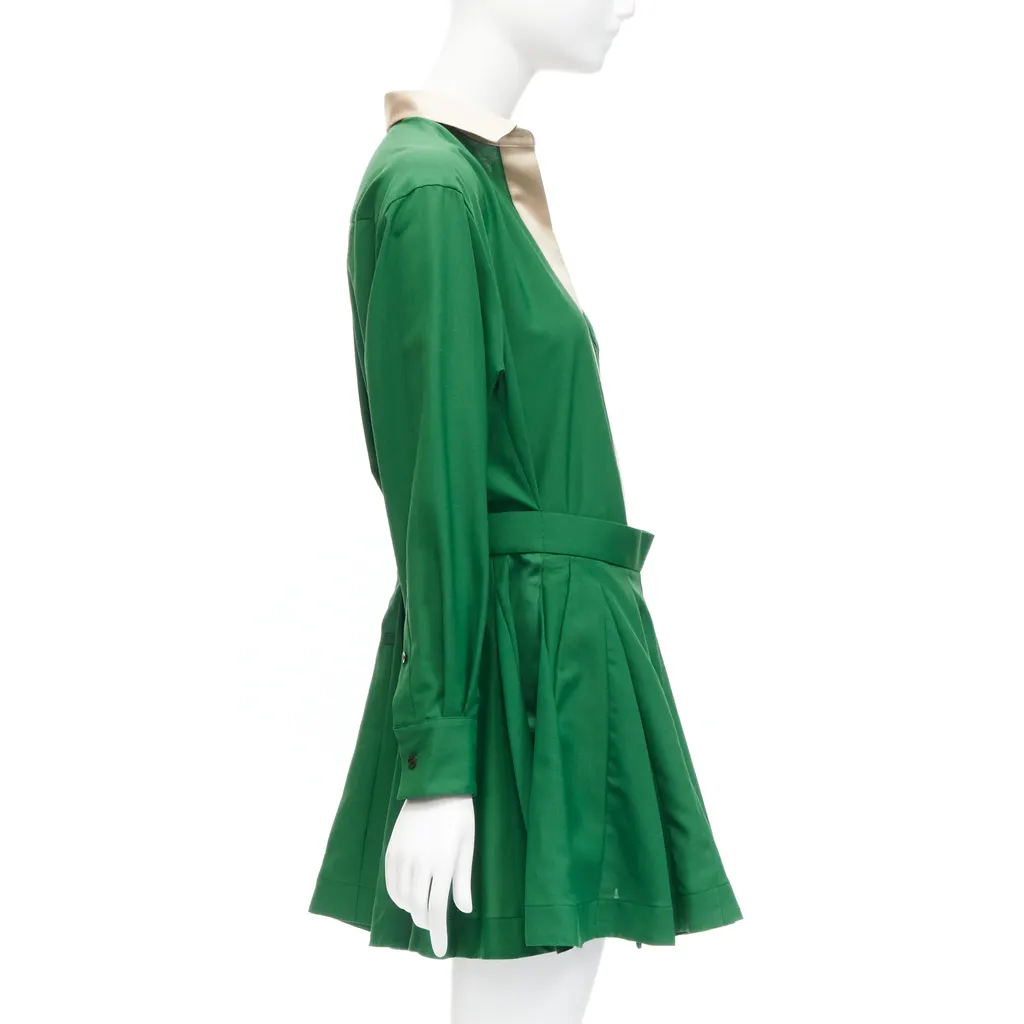 Sacai Satin Pleated Dress Green Polyester Never worn - Model View