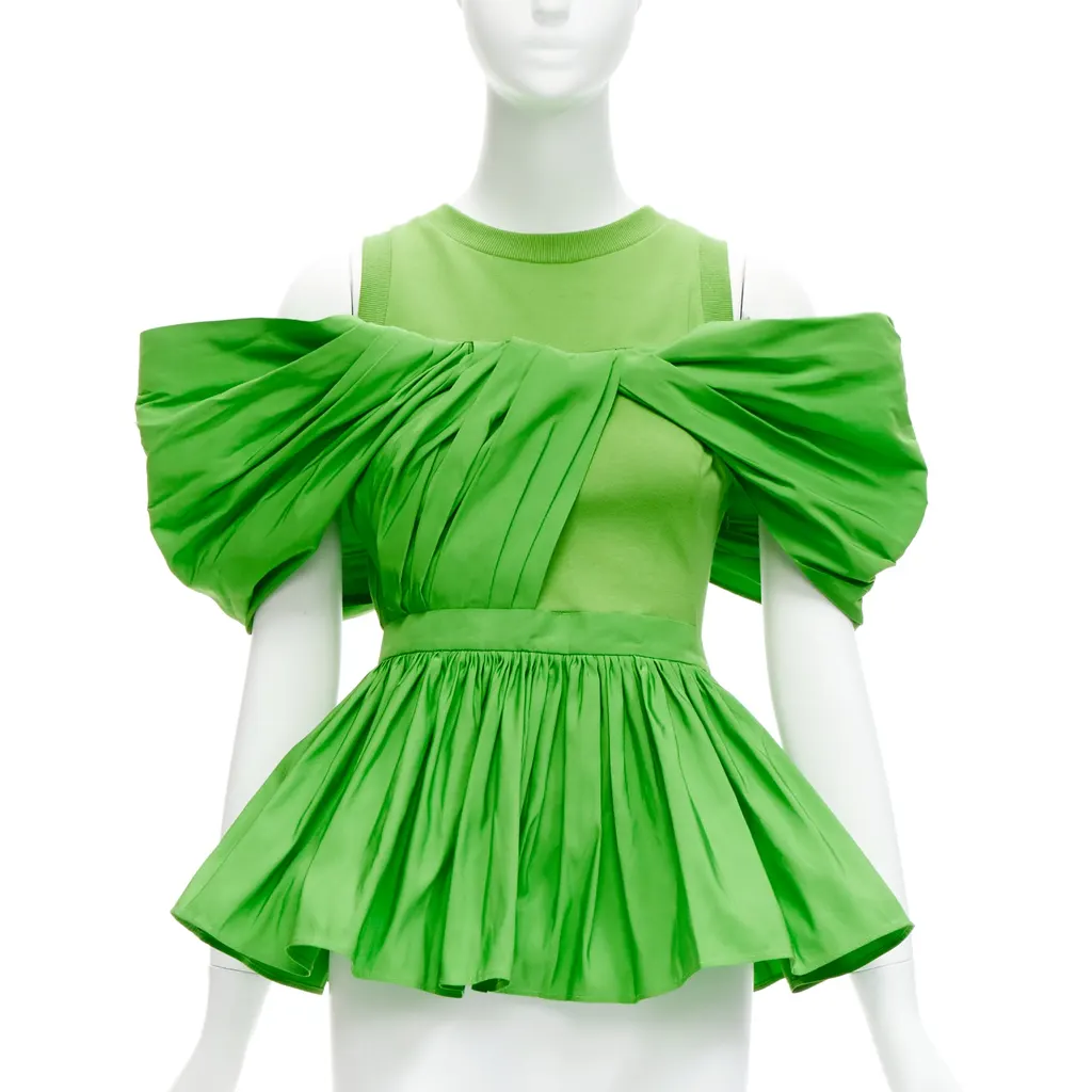 Alexander McQueen Pleated Peplum Top Green Cotton Good - Front View