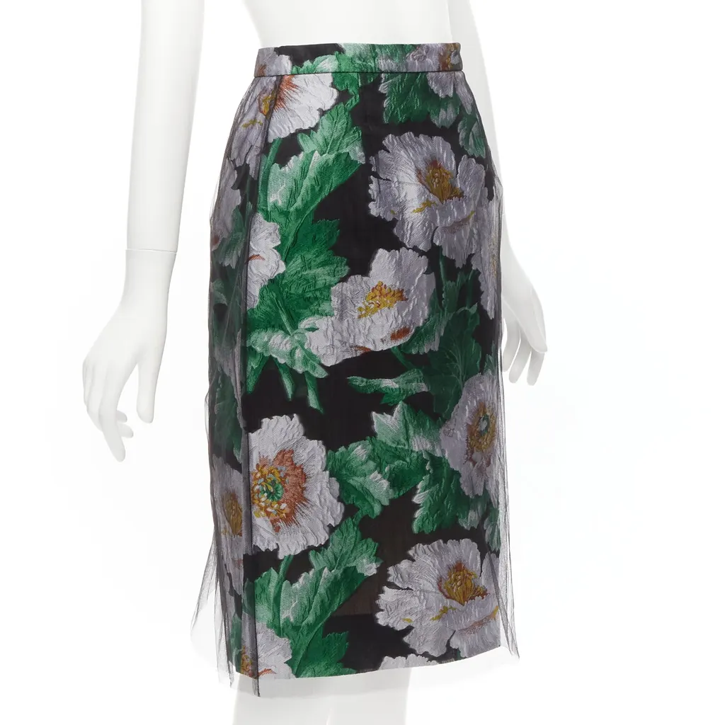 Oscar De La Renta Floral Jacquard Skirt Black Polyester Never worn - Inside View