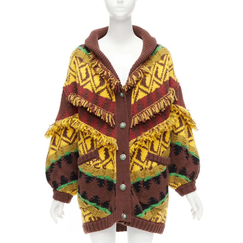 Etro Fringe Jacquard Cardigan MultiColor Wool Never worn - Front View
