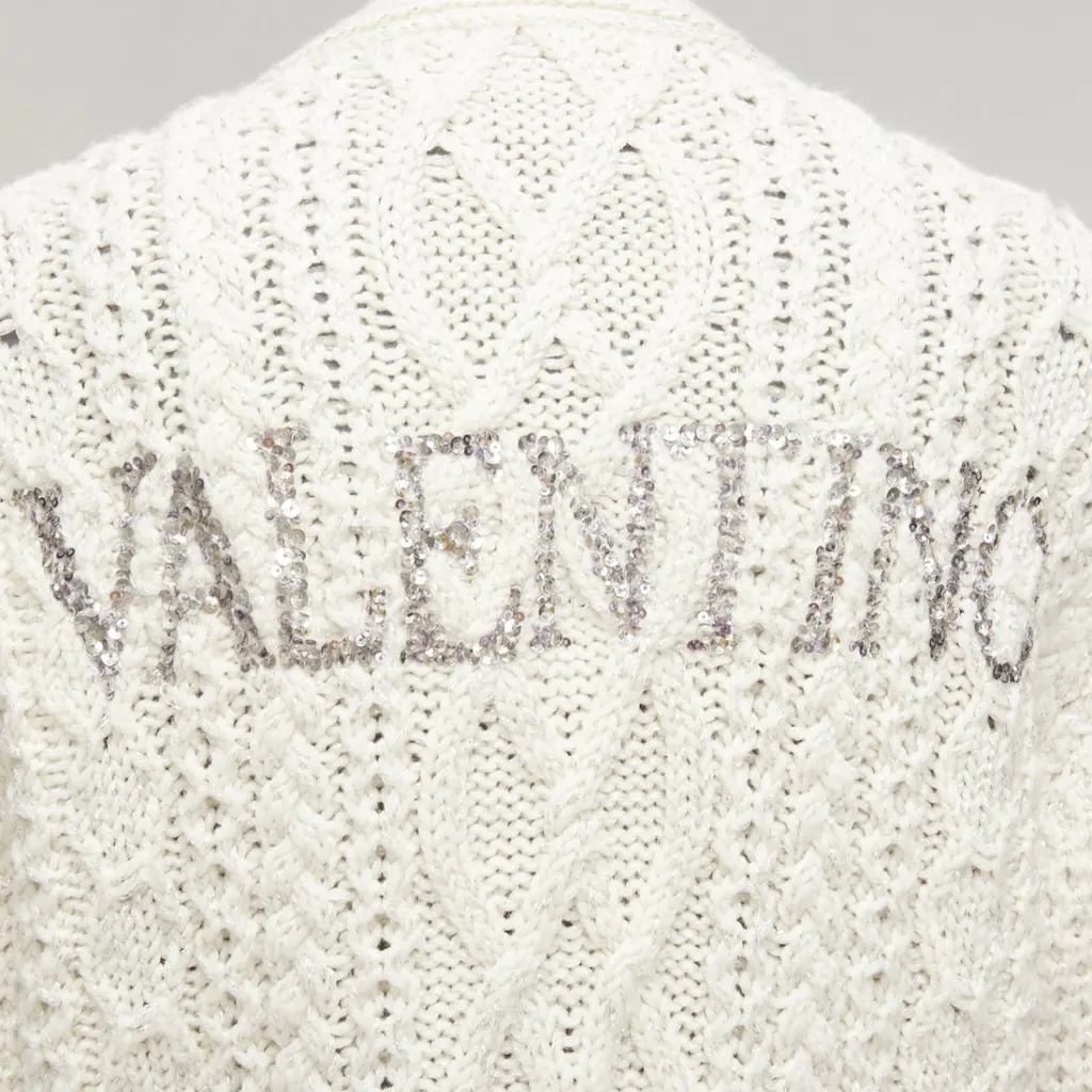 Valentino Sequin Logo Cardigan Beige Wool Never worn - Back View