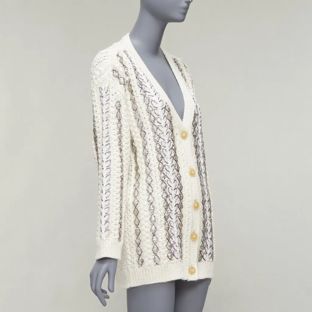 Valentino Sequin Logo Cardigan Beige Wool Never worn - Model View