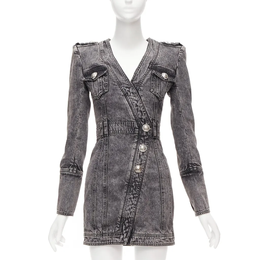 Balmain Acid Denim Dress Grey Cotton Never worn - Front View