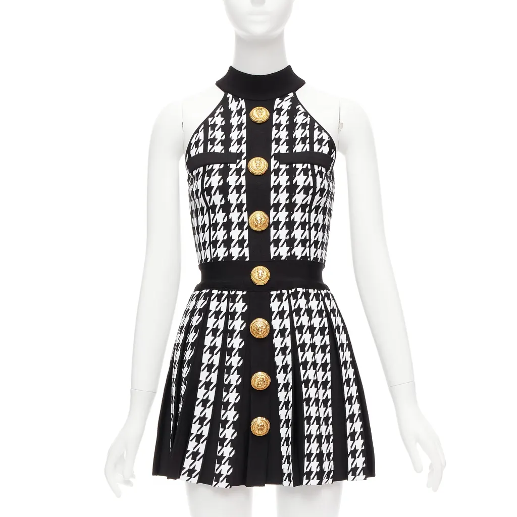 Balmain Houndstooth Halter Dress Black Viscose Never worn - Front View