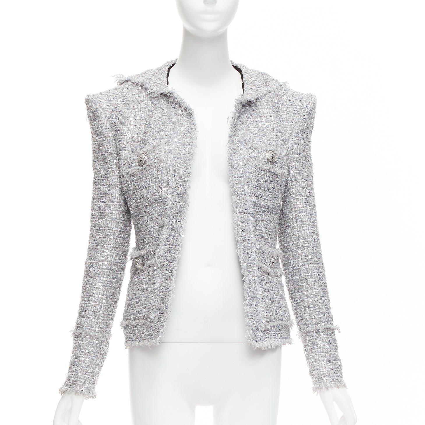 Balmain Silver Metallic Boucle Jacket