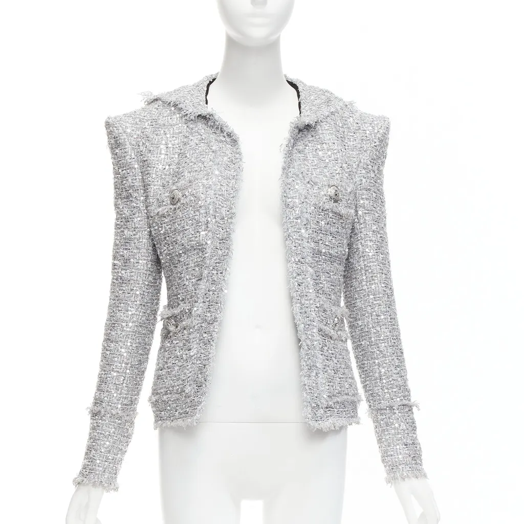 Balmain Silver Metallic Boucle Jacket Silver Polyester Never worn - Front View