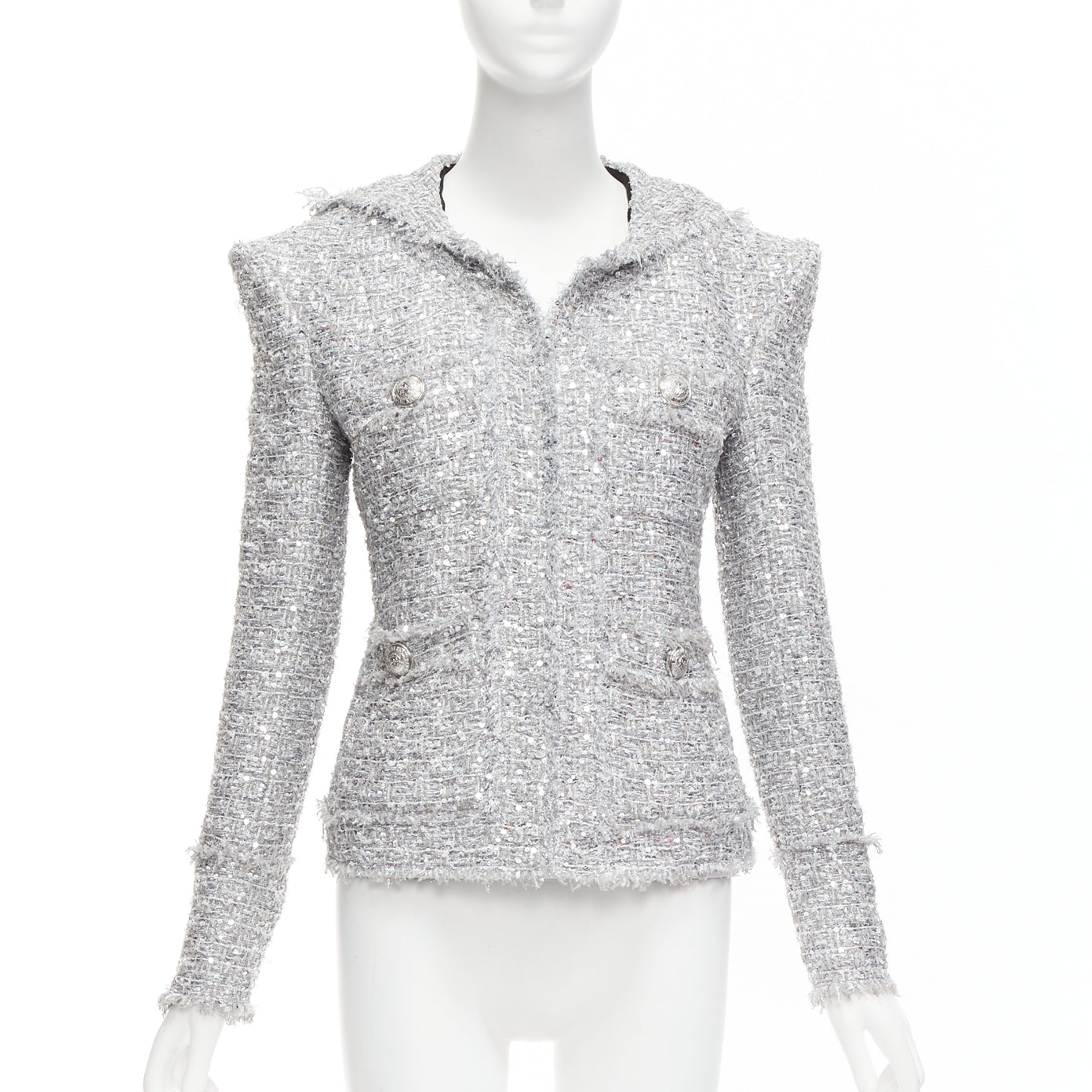 Balmain Silver Metallic Boucle Jacket - Image 6