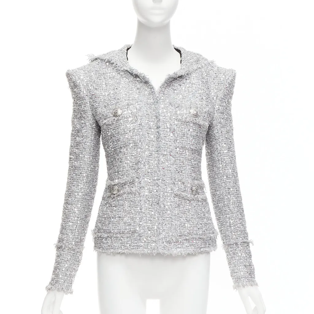 Balmain Silver Metallic Boucle Jacket Silver Polyester Never worn - Inside View