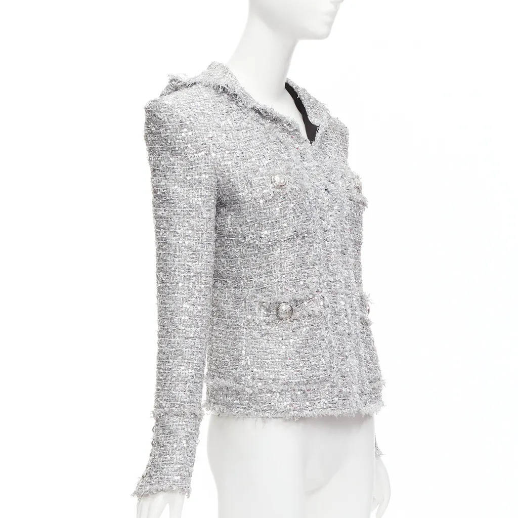 Balmain Silver Metallic Boucle Jacket Silver Polyester Never worn - Model View