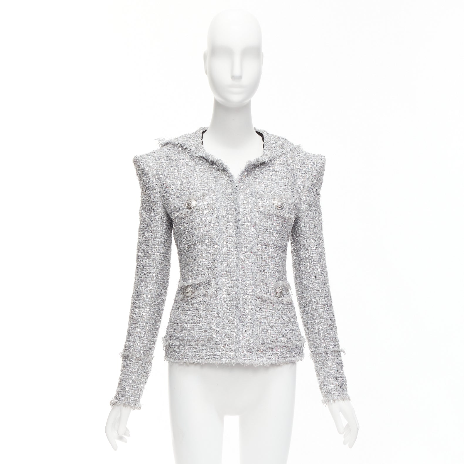 Balmain Silver Metallic Boucle Jacket - Image 12