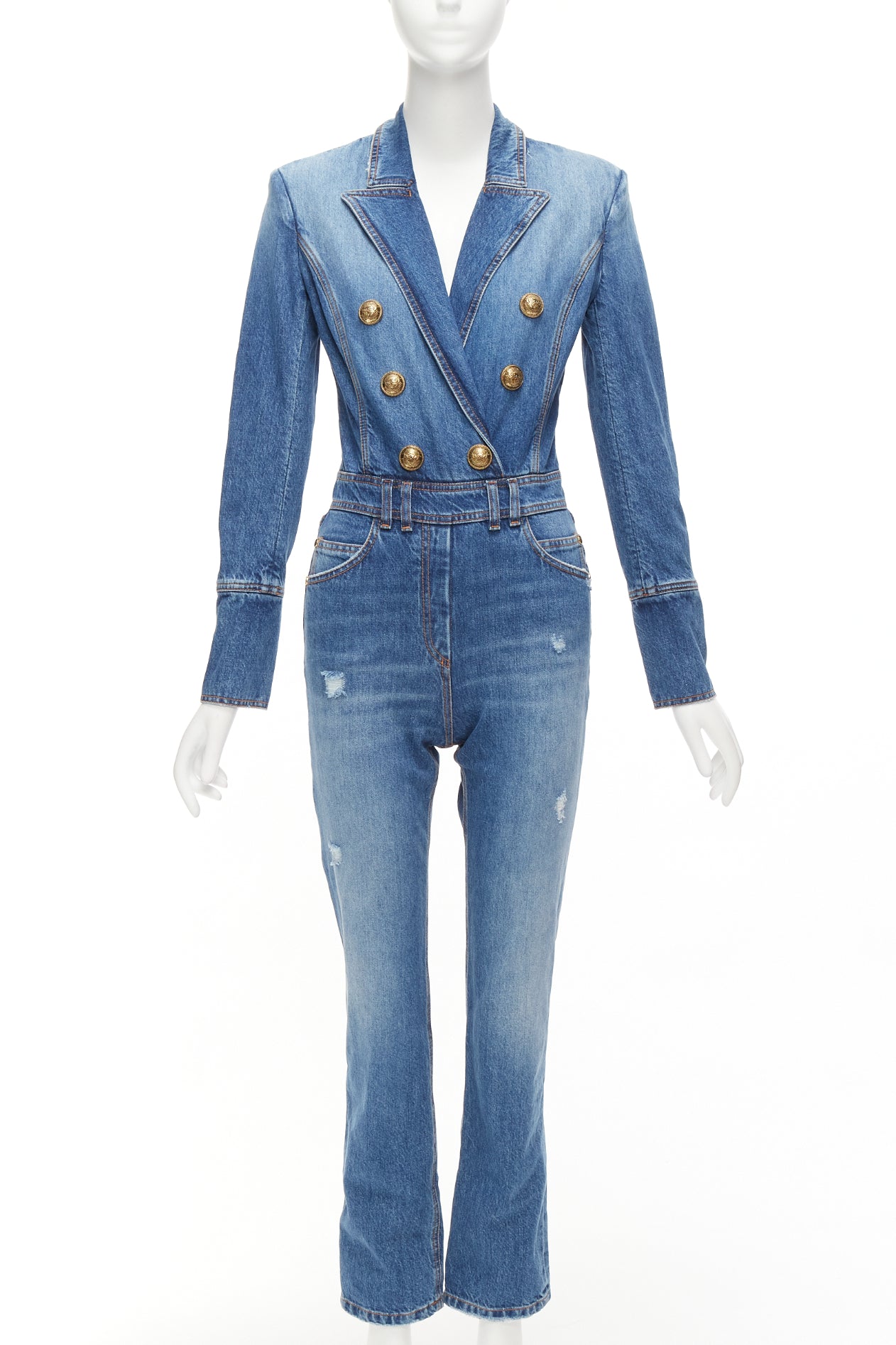 Balmain Distressed Denim Jumpsuit