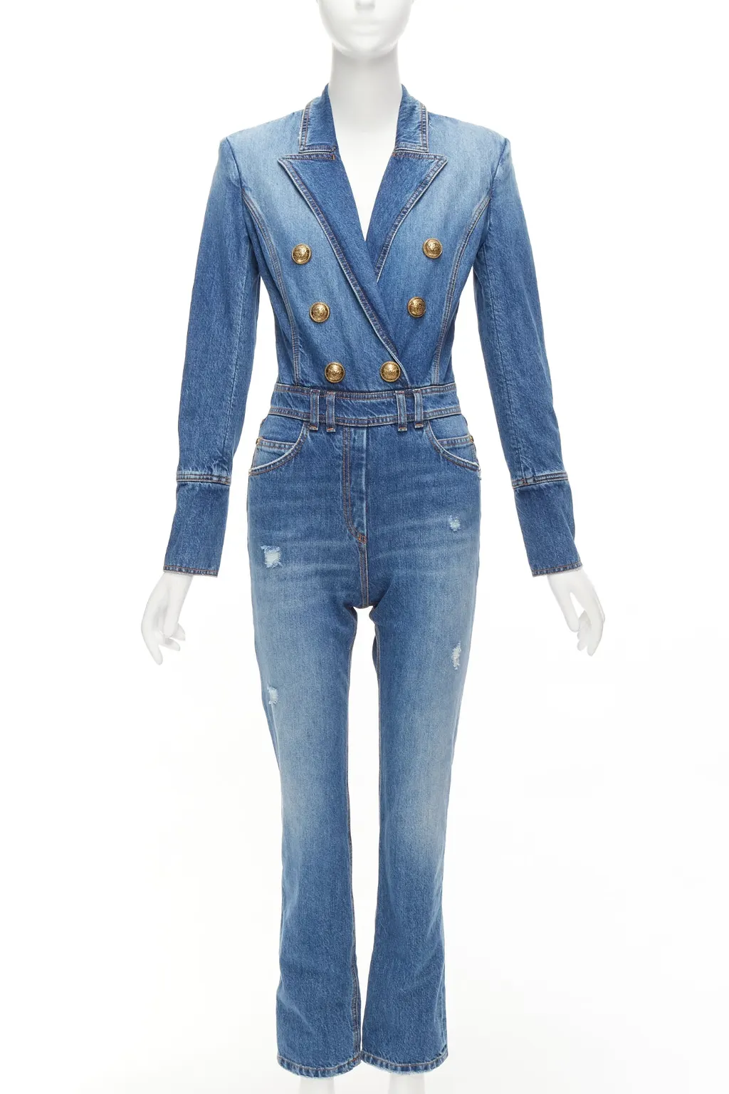 Balmain Distressed Denim Jumpsuit Blue Polyester Never worn - Front View