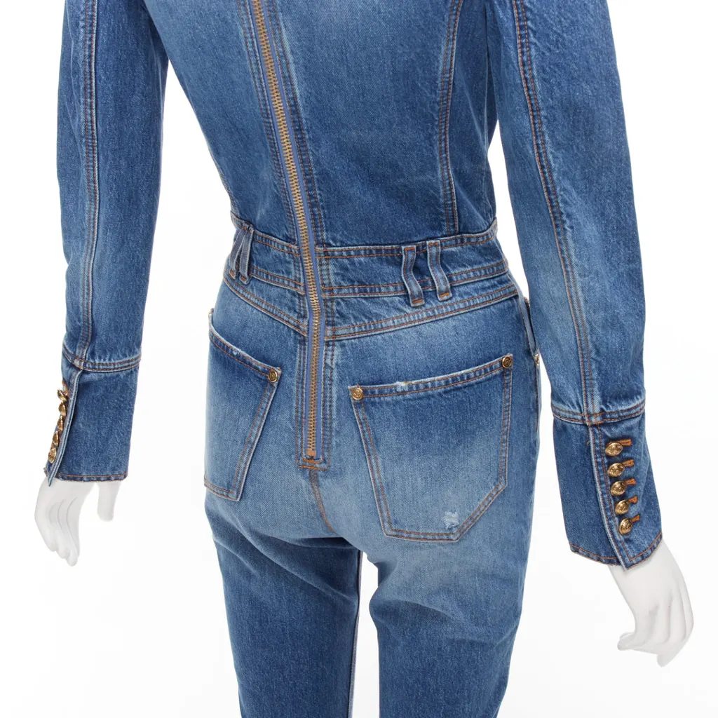 Balmain Distressed Denim Jumpsuit Blue Polyester Never worn - Back View