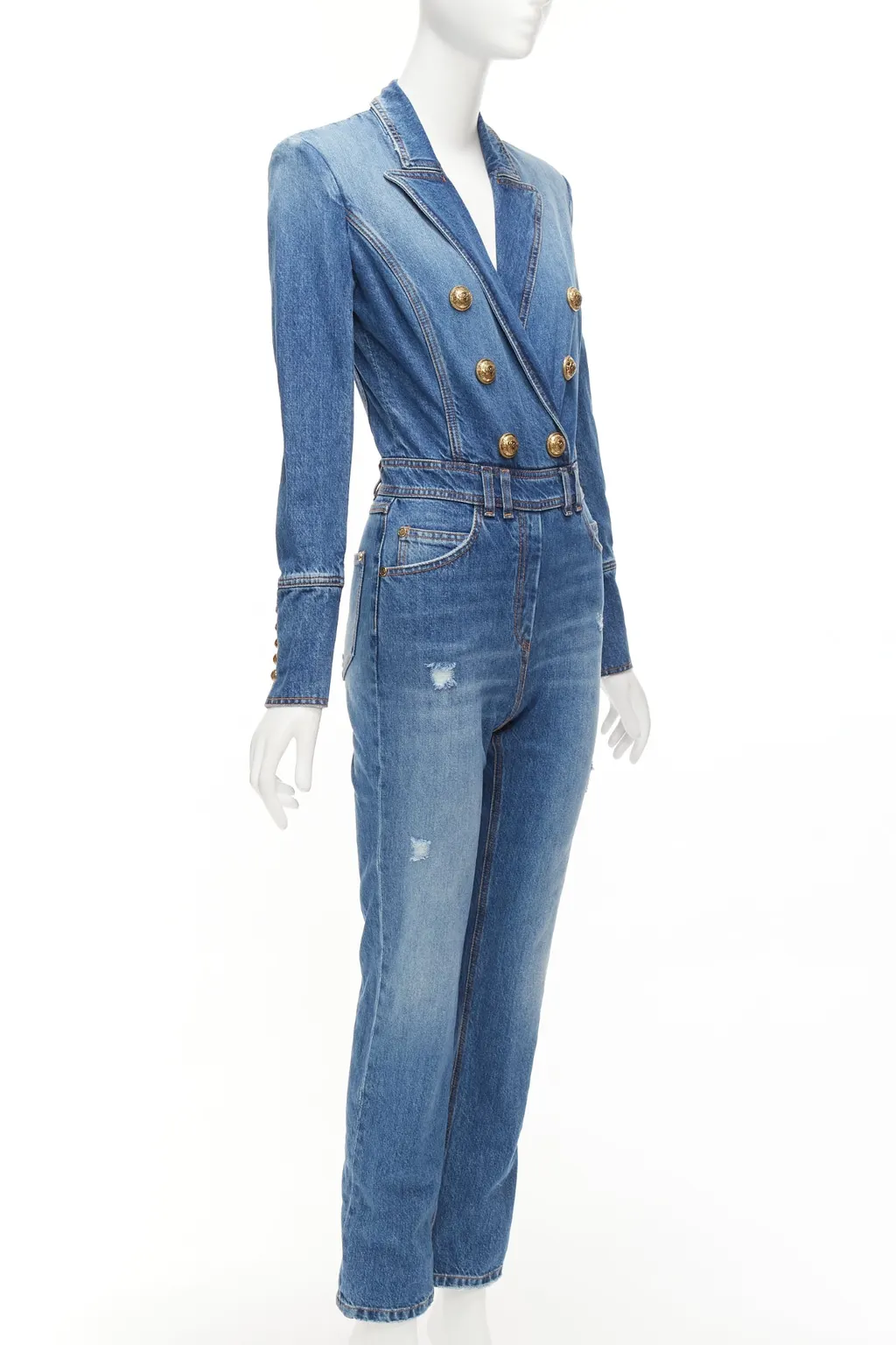 Balmain Distressed Denim Jumpsuit Blue Polyester Never worn - Inside View