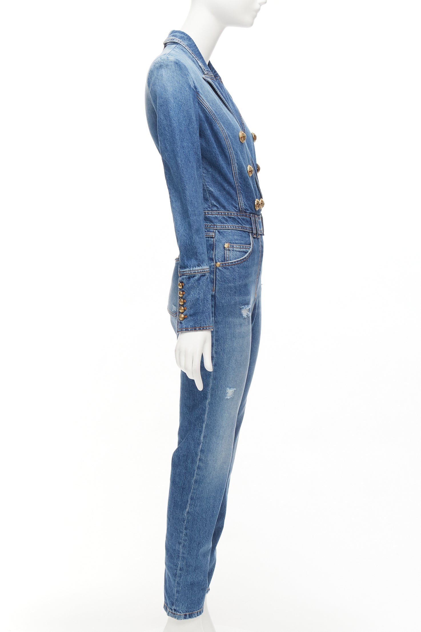 Balmain Distressed Denim Jumpsuit - 4