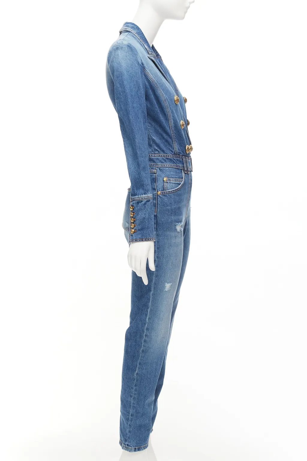 Balmain Distressed Denim Jumpsuit Blue Polyester Never worn - Model View