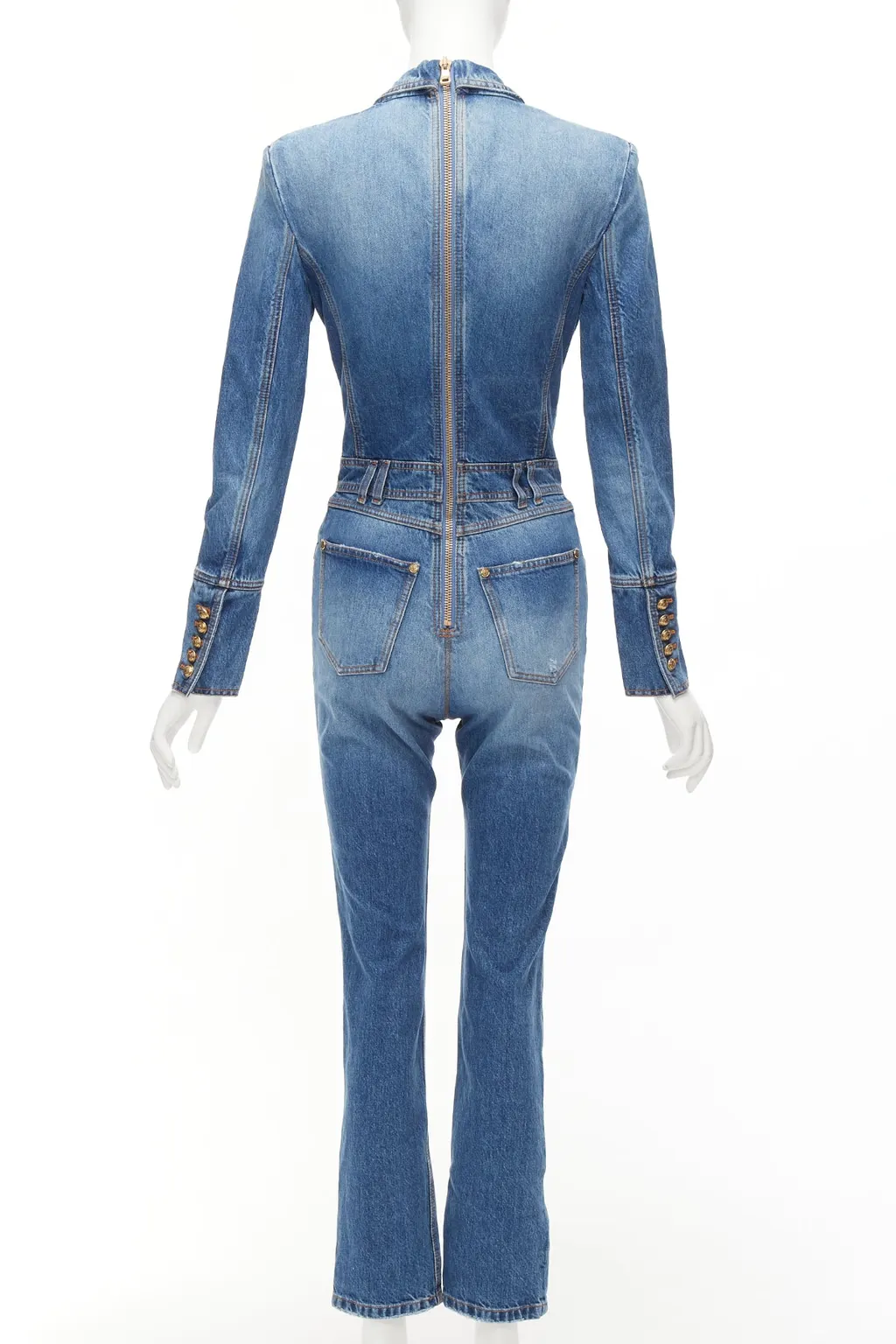 Balmain Distressed Denim Jumpsuit Blue Polyester Never worn - Box View