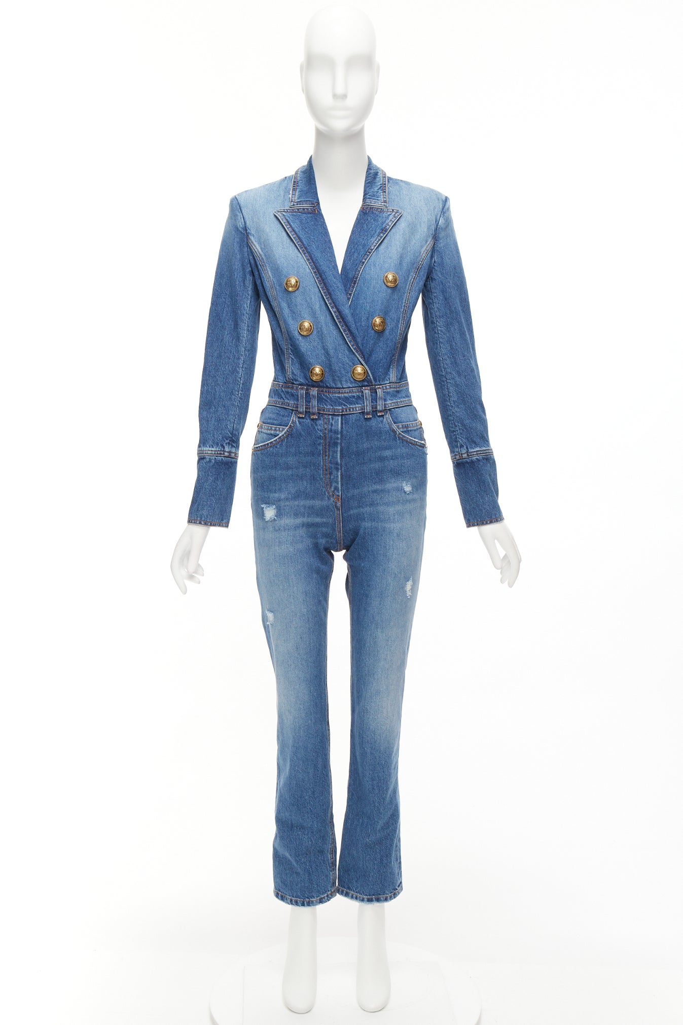 Balmain Distressed Denim Jumpsuit - Image 11