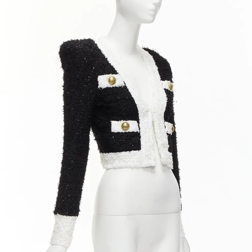 Balmain Black White Tweed Blazer Black Viscose Never worn - Model View