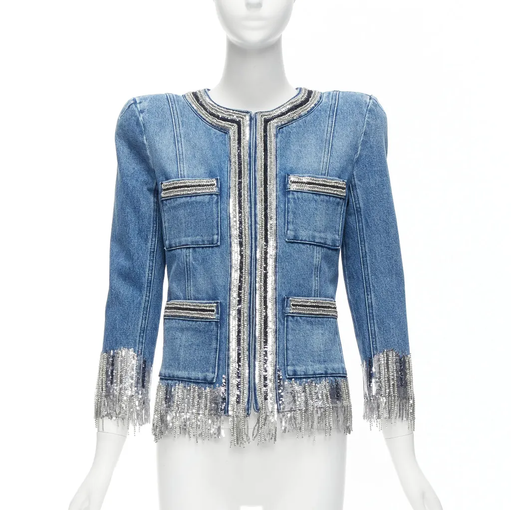 Balmain Blue Denim Crystal Jacket Blue Denim Never worn - Front View
