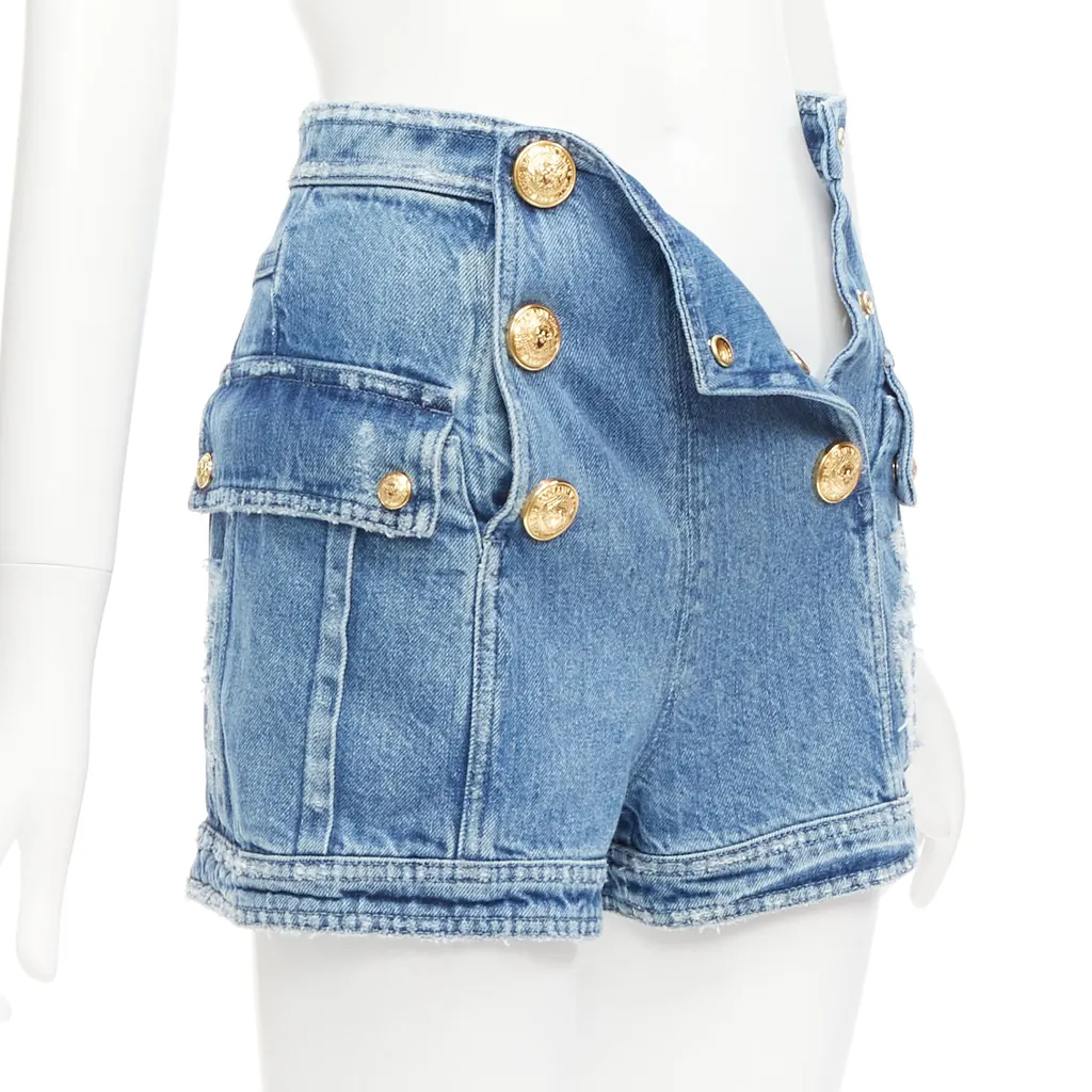 Balmain Distressed Cargo Shorts Blue Never worn - Model View