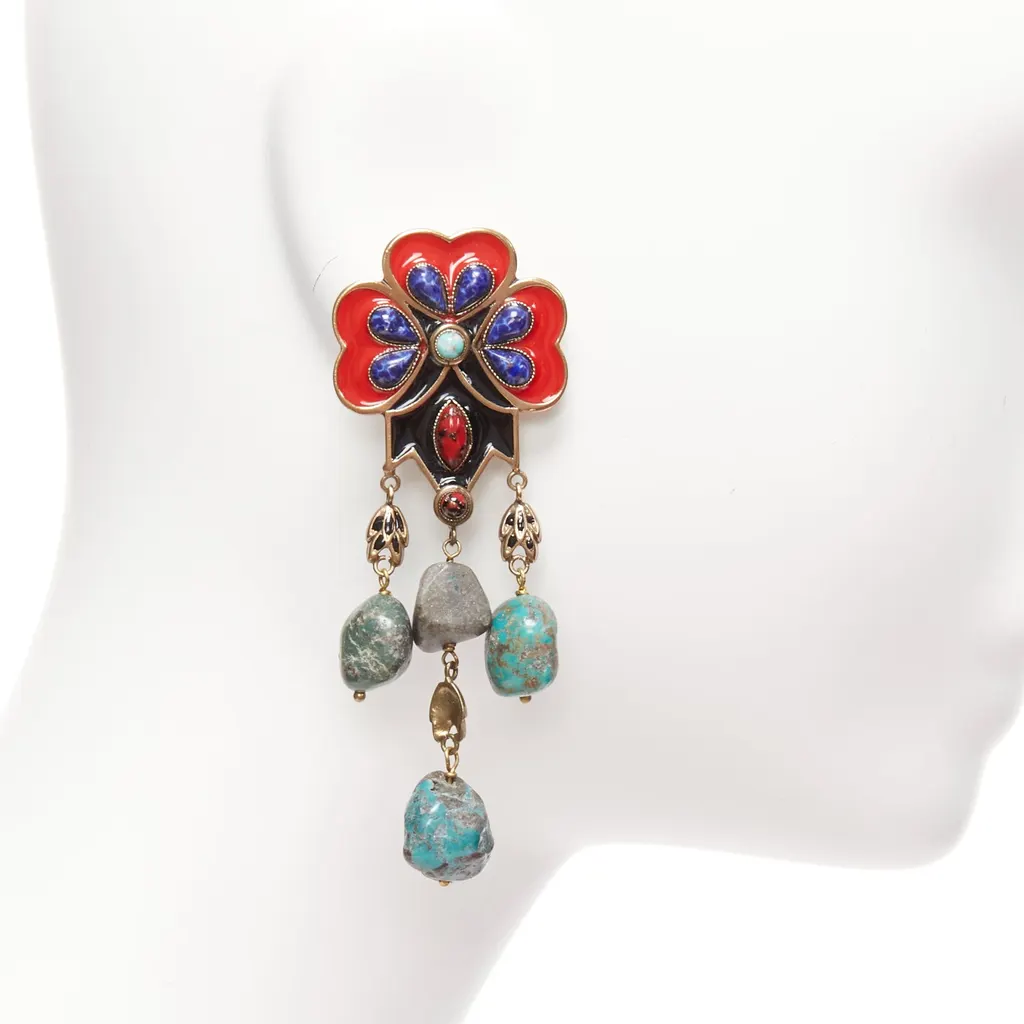 Etro Enamel Flower Earrings Grey Metal Very good - Model View