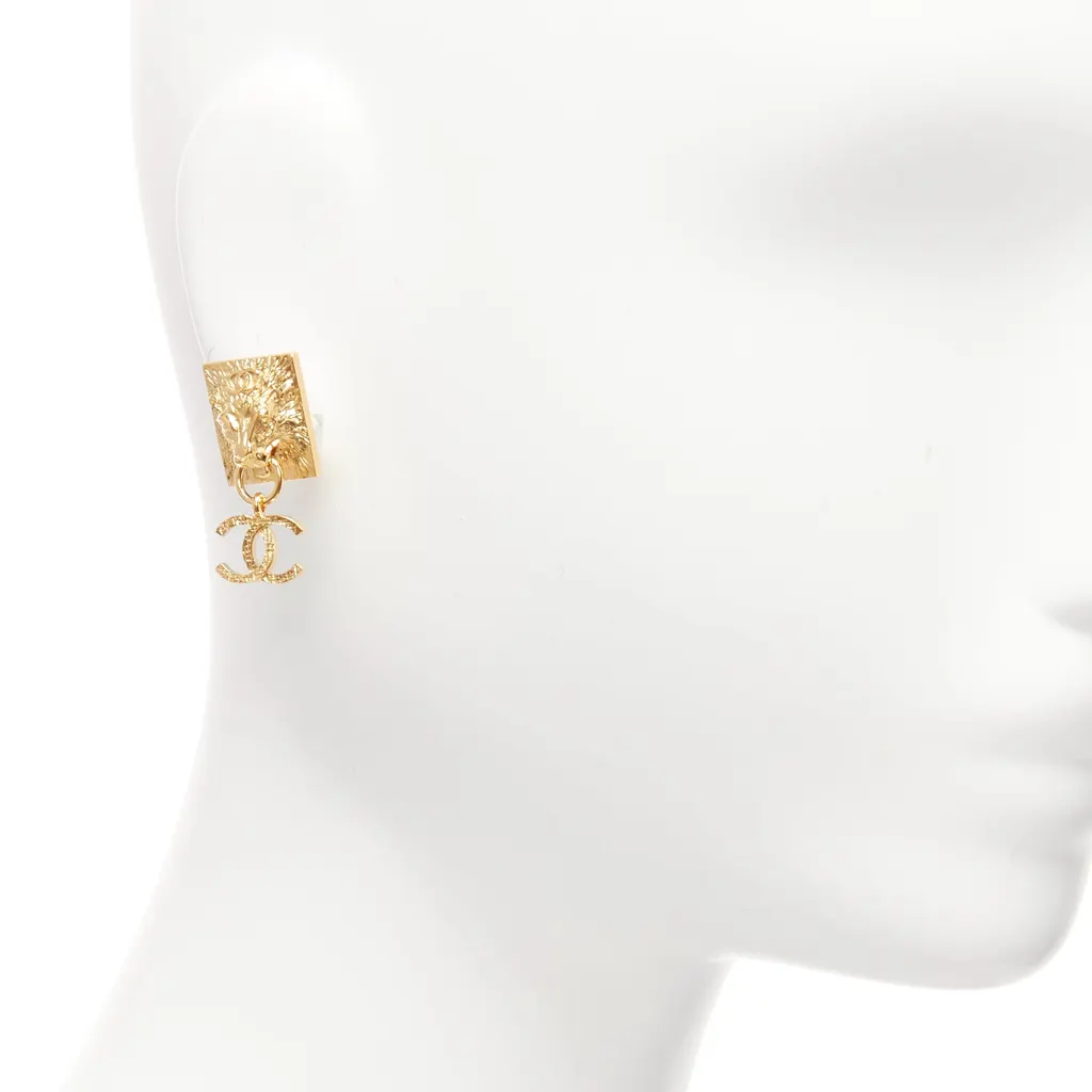 Chanel Lion Head Earrings Gold Metal Never worn - Back View