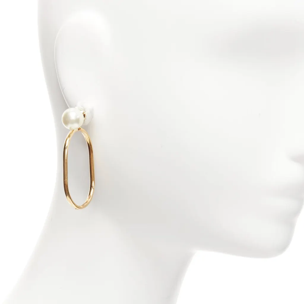 Dior Oval Hoop Earrings Gold Pearl Very good - Front View