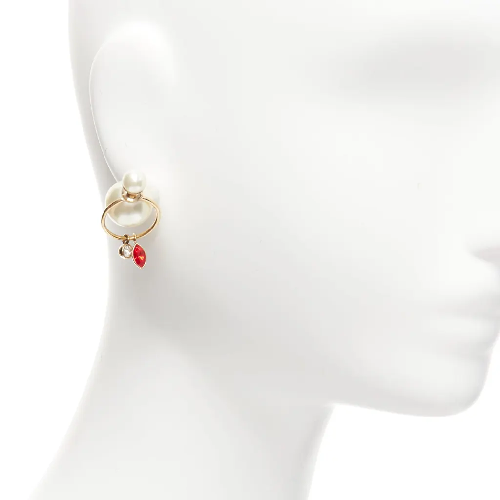 Dior Crystal Hoop Earrings Gold Pearl Very good - Front View