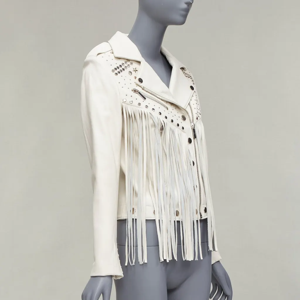 Nour Hammour Fringe Western Jacket Beige Leather Fair - Model View