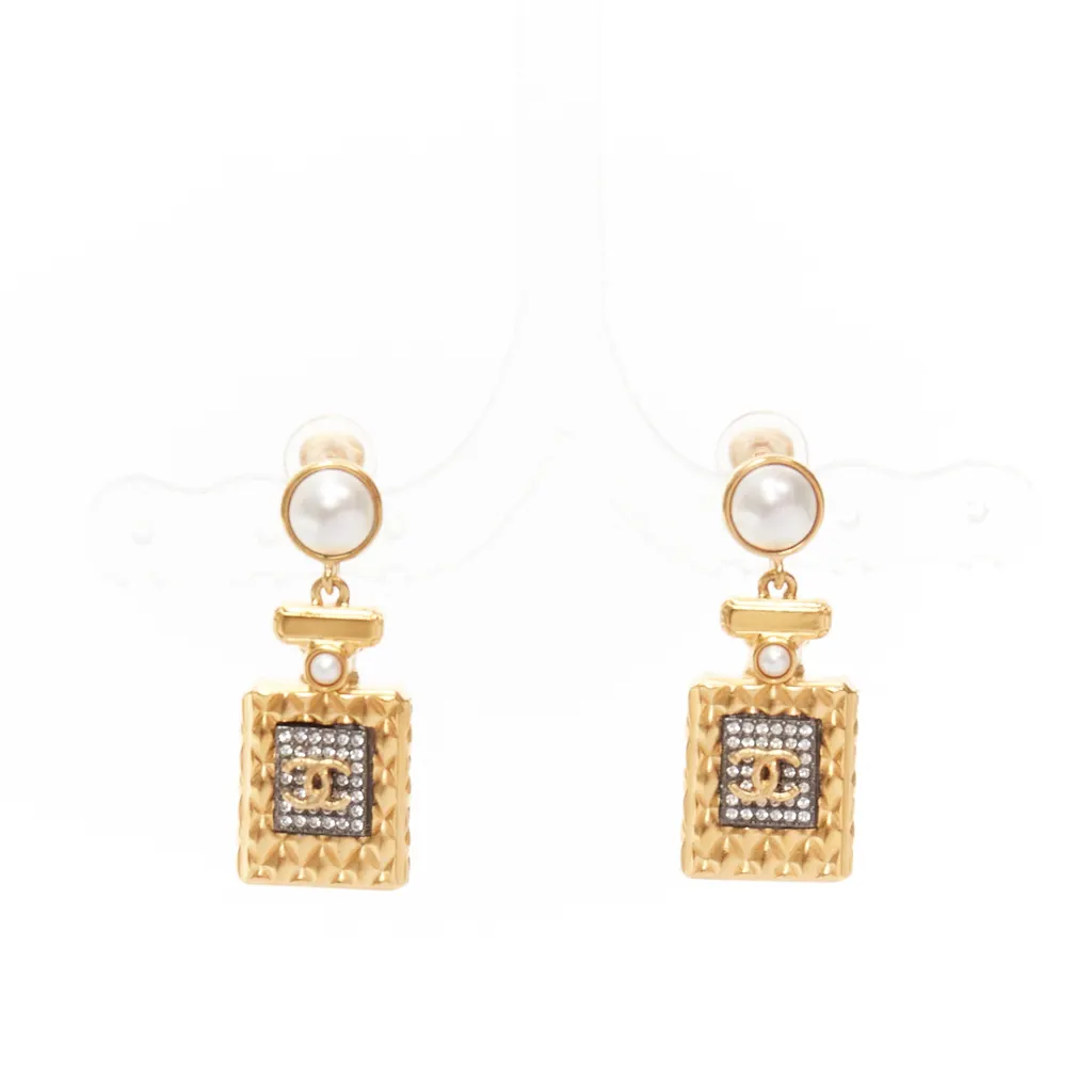 Chanel Perfume Bottle Earrings Gold Metal Never worn - Front View