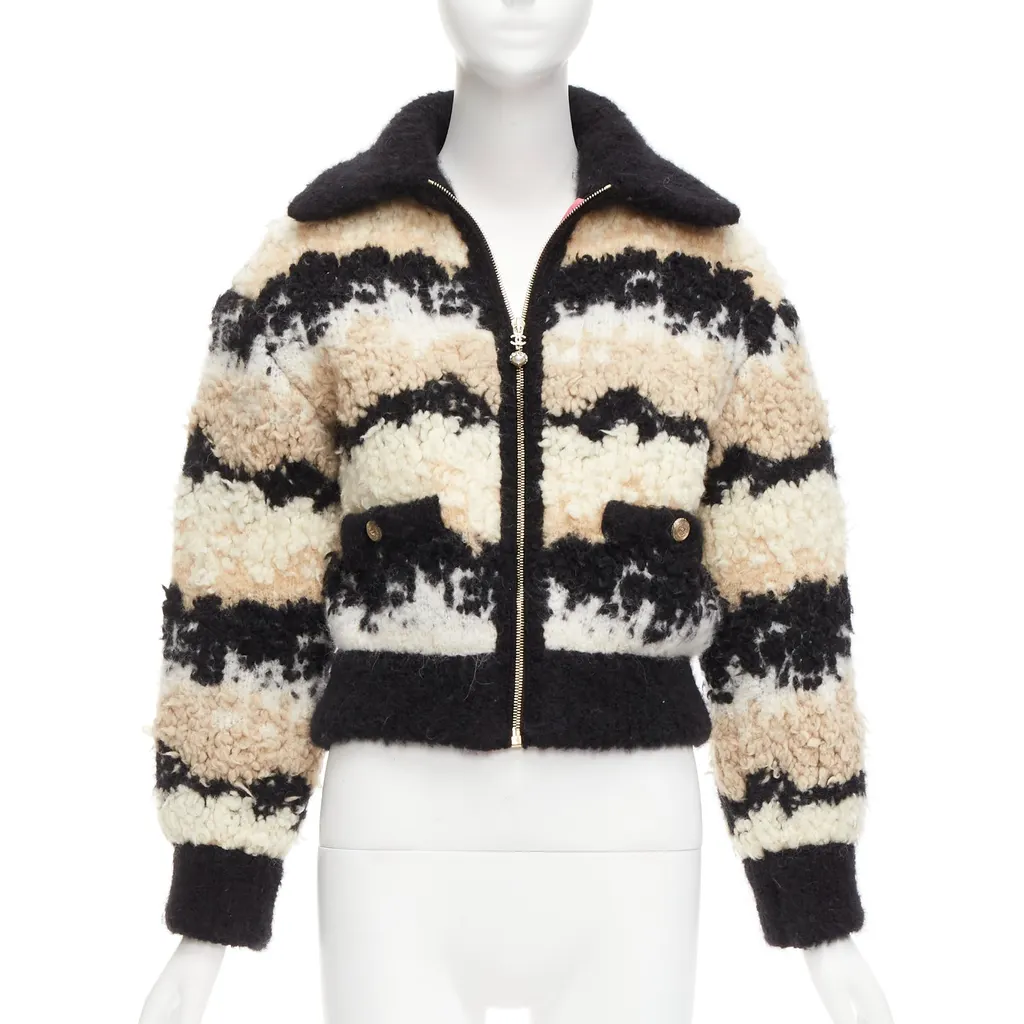 Chanel CC Pearl Bomber Beige Wool Never worn - Front View