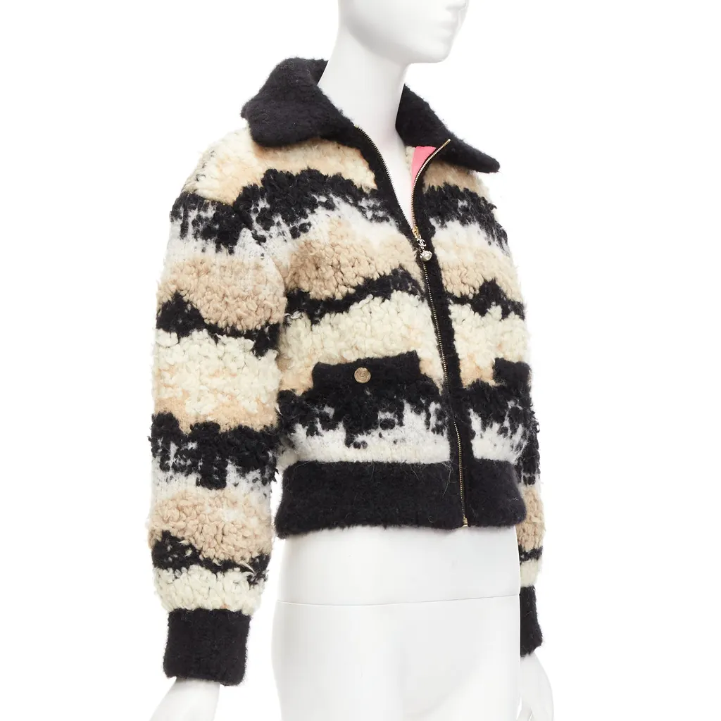 Chanel CC Pearl Bomber Beige Wool Never worn - Model View