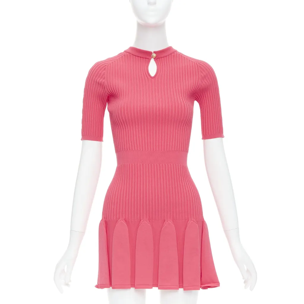Balmain Ribbed Flutter Dress Pink Viscose Never worn - Front View