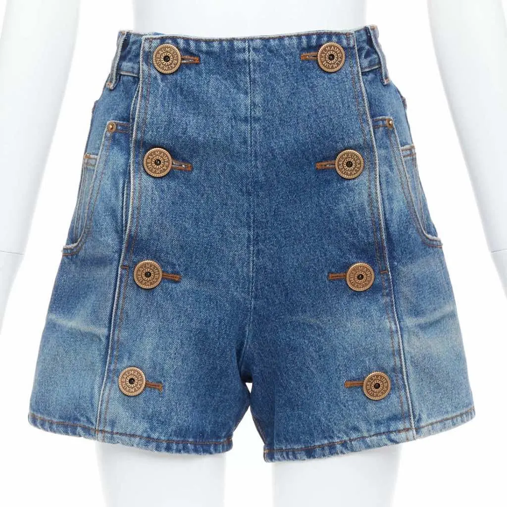 Balmain Coin Button Shorts Blue Cotton Never worn - Front View