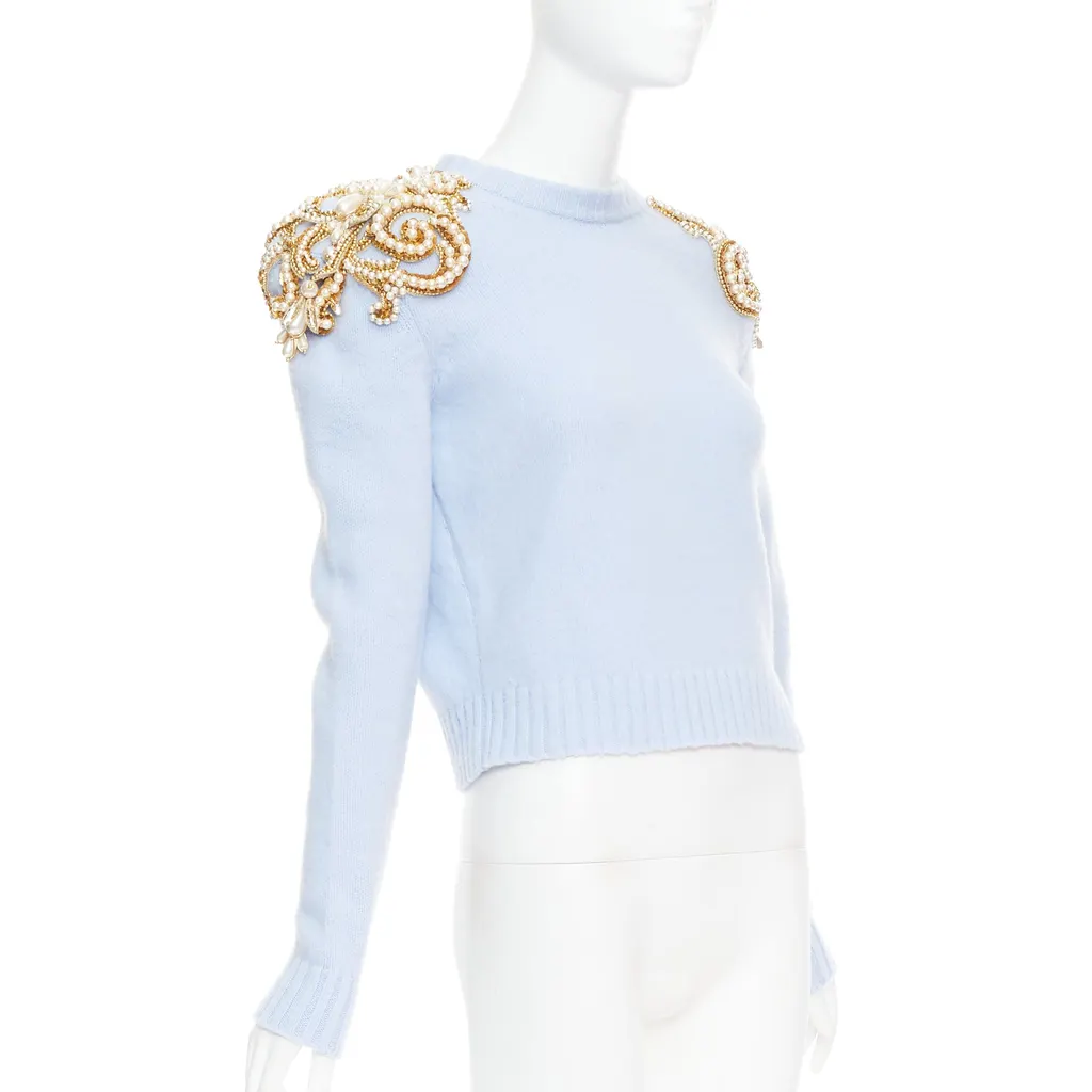 Balmain Pearl Embellished Sweater Blue Wool Very good - Front View