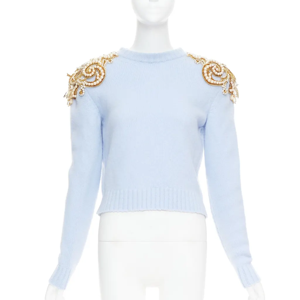 Balmain Pearl Embellished Sweater Blue Wool Very good - Inside View