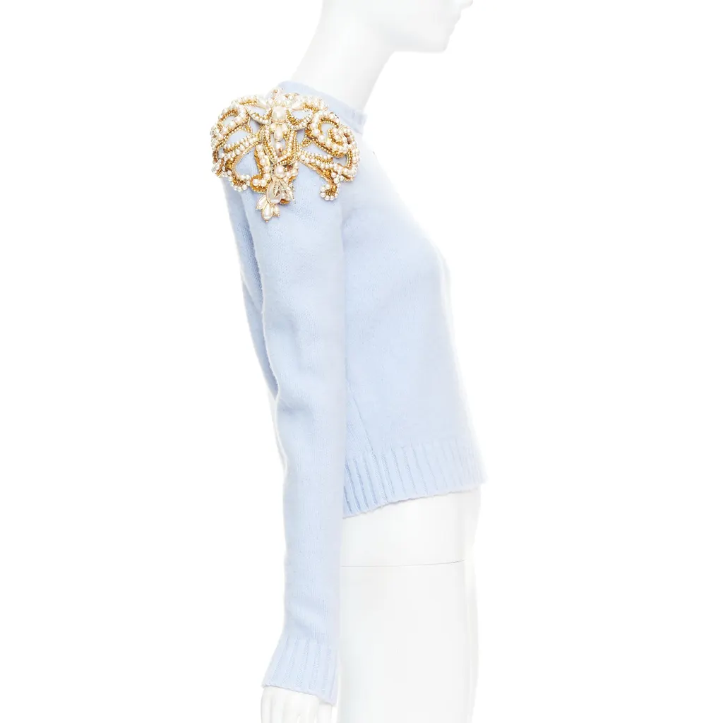 Balmain Pearl Embellished Sweater Blue Wool Very good - Model View