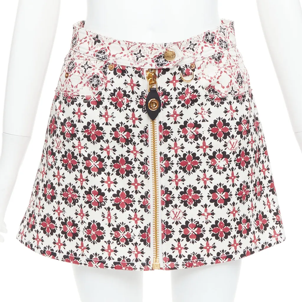 Louis Vuitton Floral Denim Skirt Red Cotton Very good - Front View