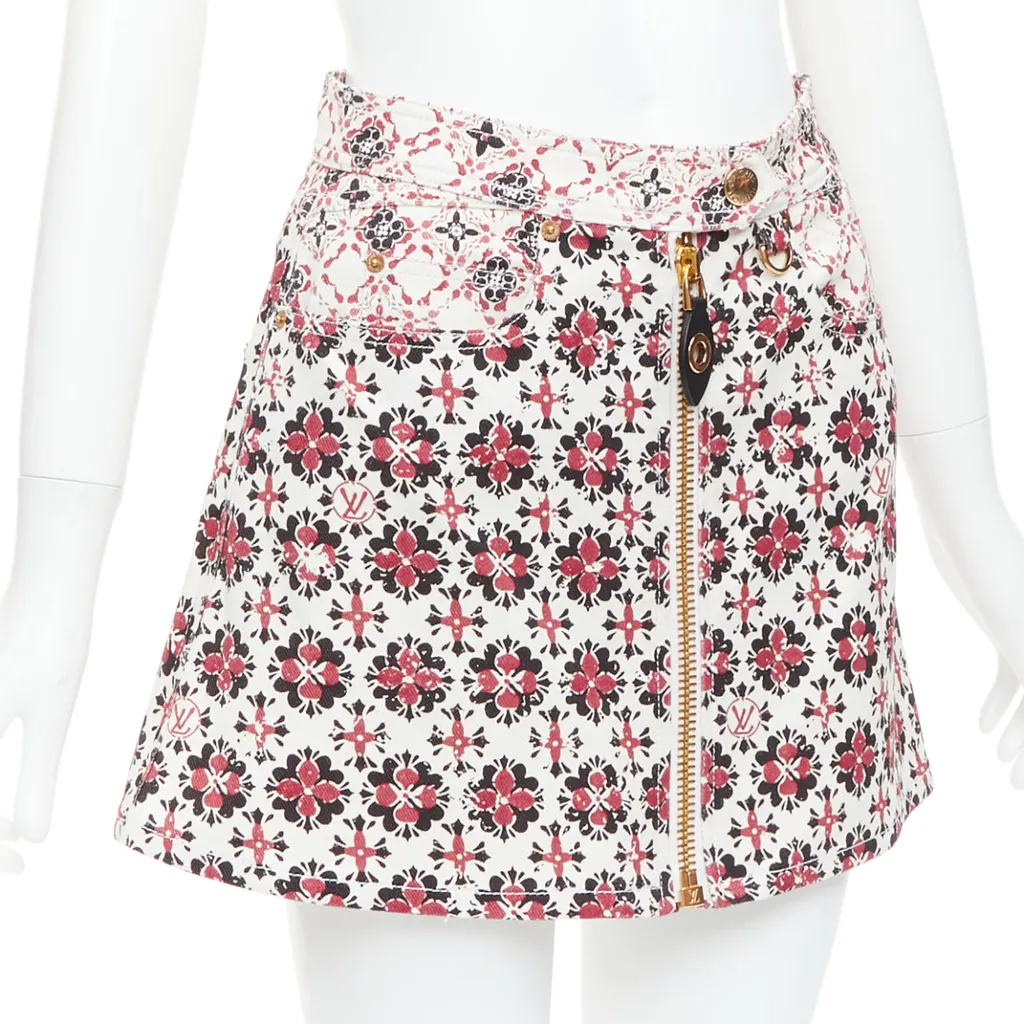 Louis Vuitton Floral Denim Skirt Red Cotton Very good - Inside View
