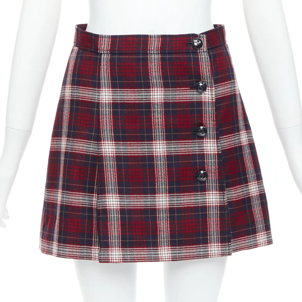 Dior Plaid A-line Skirt Navy Wool Very good - Front View