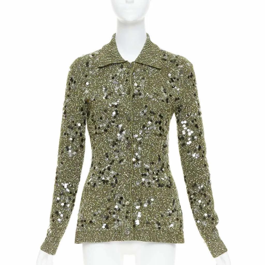 Gucci Pailettes Boucle Cardigan Green Viscose Very good - Front View