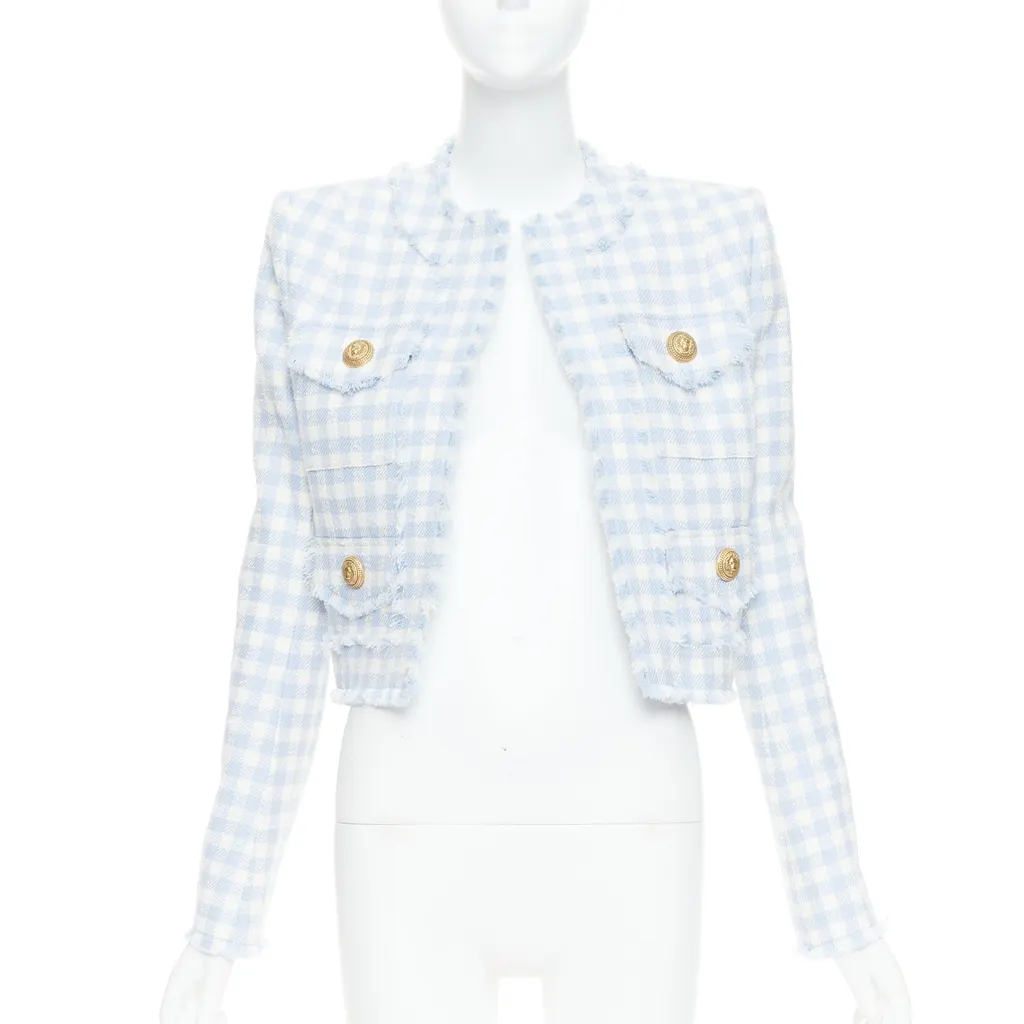 Balmain Plaid Cropped Jacket White Cotton Very good - Front View
