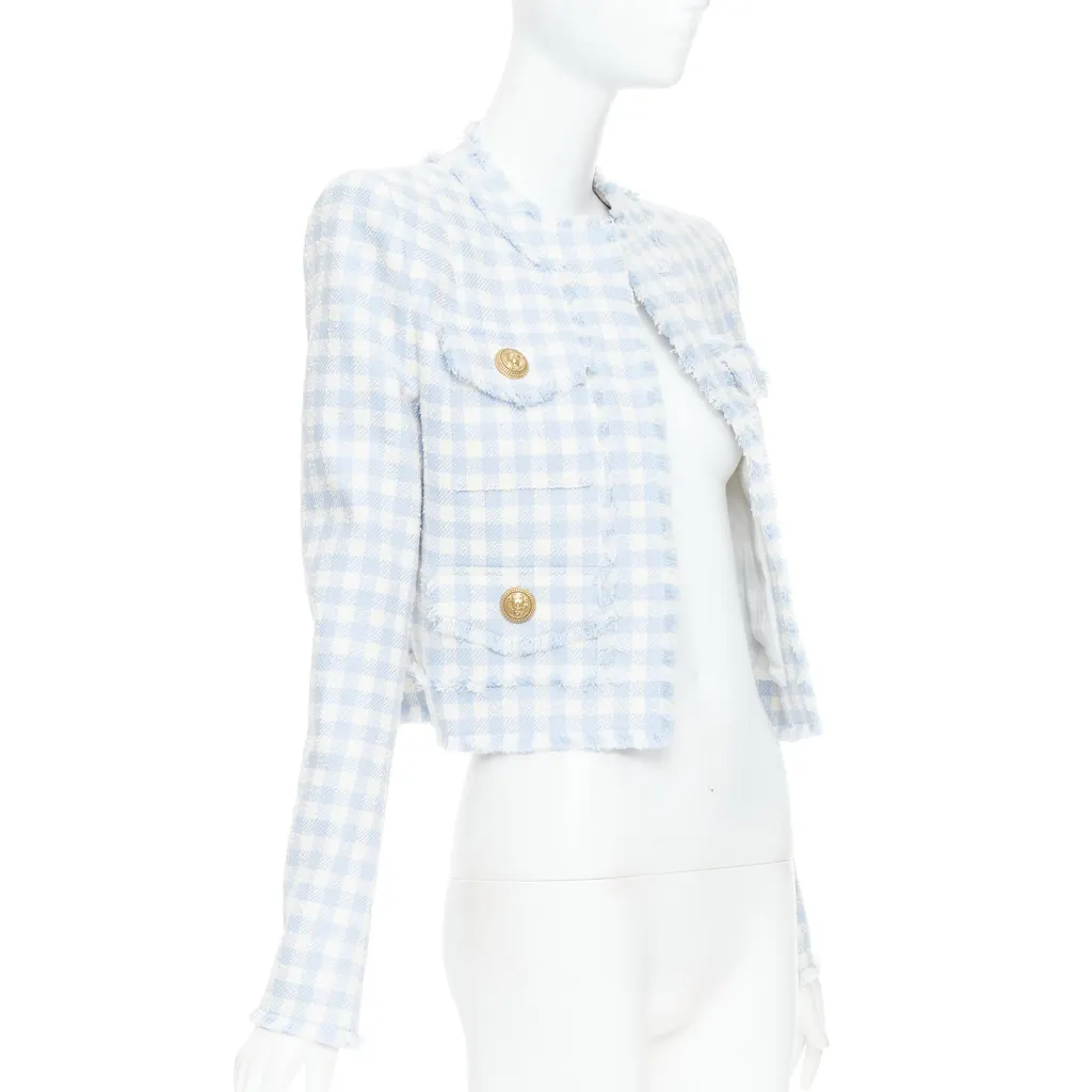 Balmain Plaid Cropped Jacket White Cotton Very good - Inside View