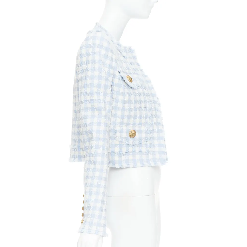 Balmain Plaid Cropped Jacket White Cotton Very good - Model View