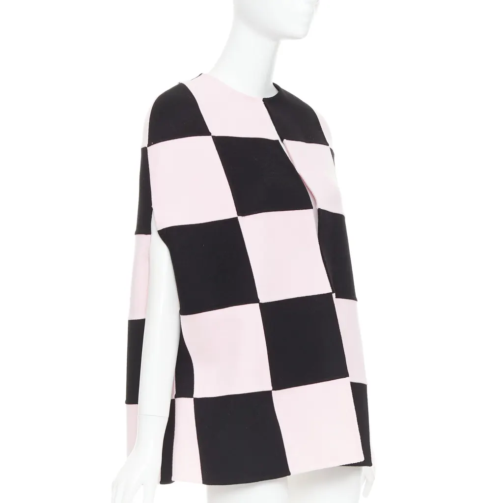 Valentino Checkered Cape Coat Black Wool Very good - Front View