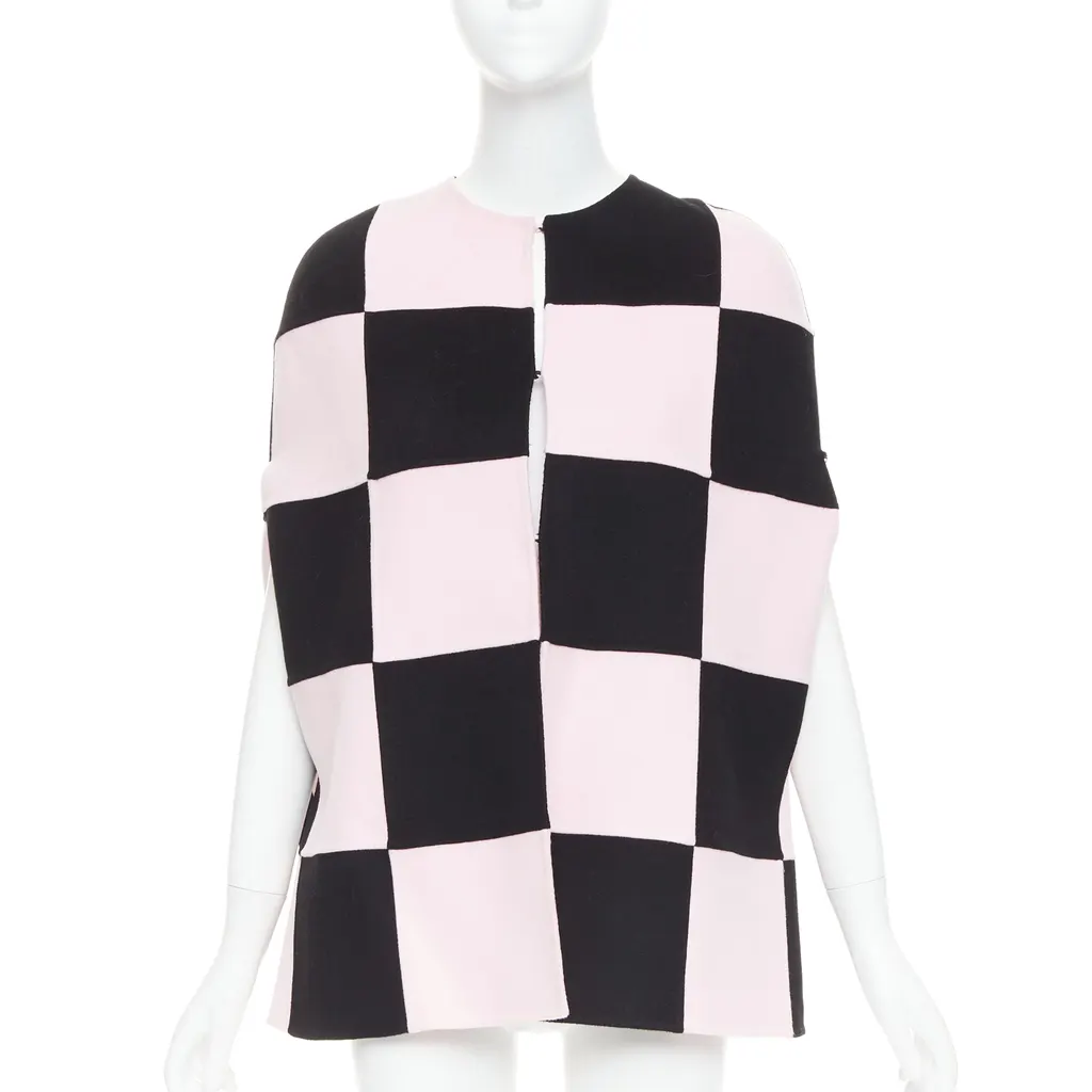 Valentino Checkered Cape Coat Black Wool Very good - Inside View