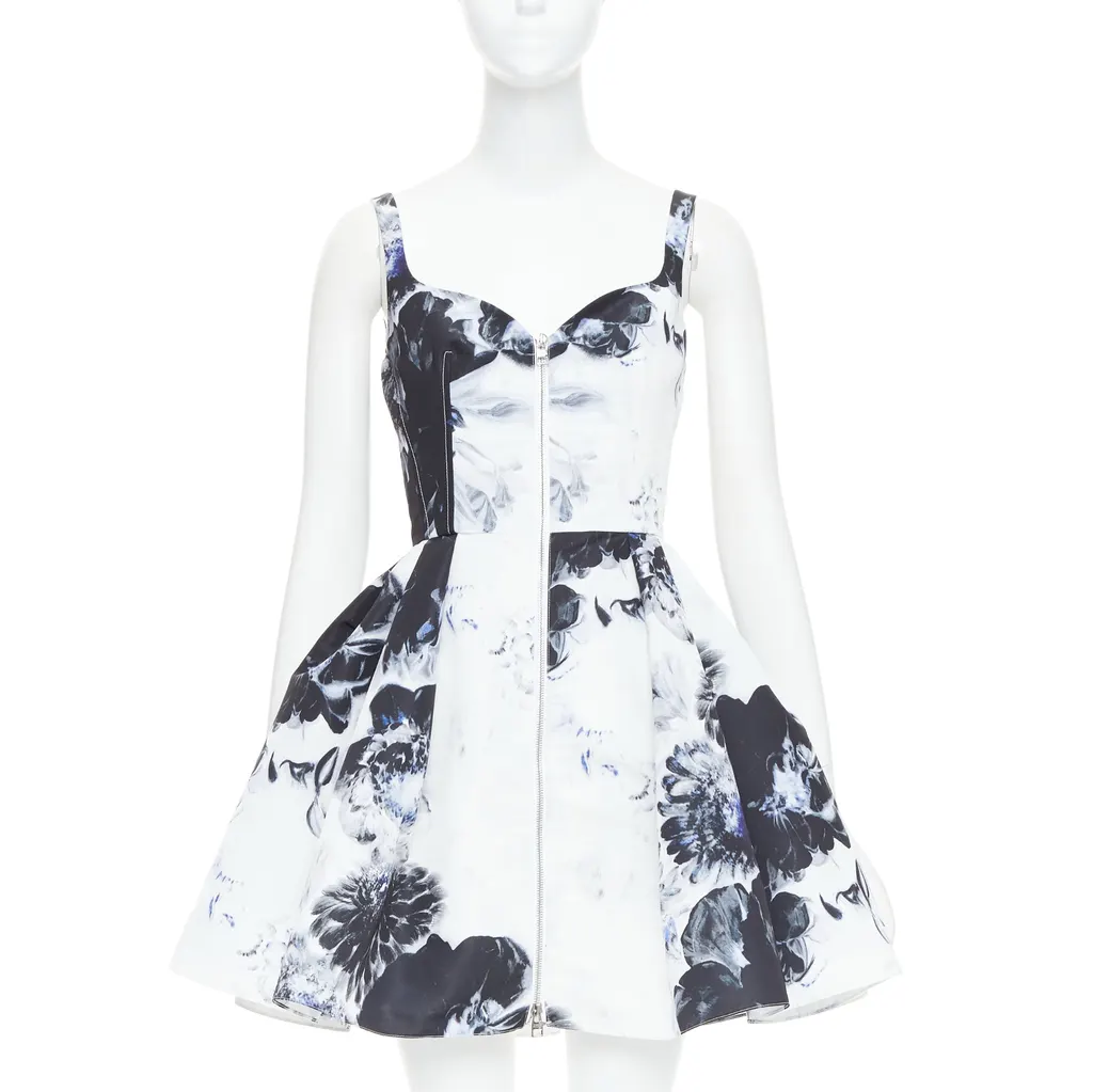 Alexander McQueen Ink Floral Dress White Polyester Very good - Front View