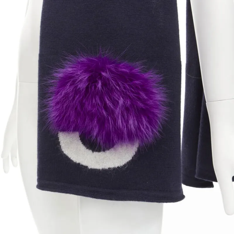 Fendi Monster Eyes Scarf Navy Wool Never worn - Back View
