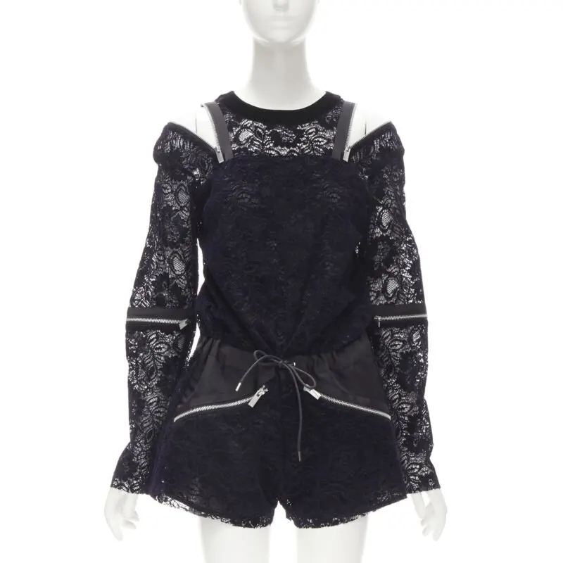 Sacai Velvet Lace Romper Navy Polyester Very good - Front View